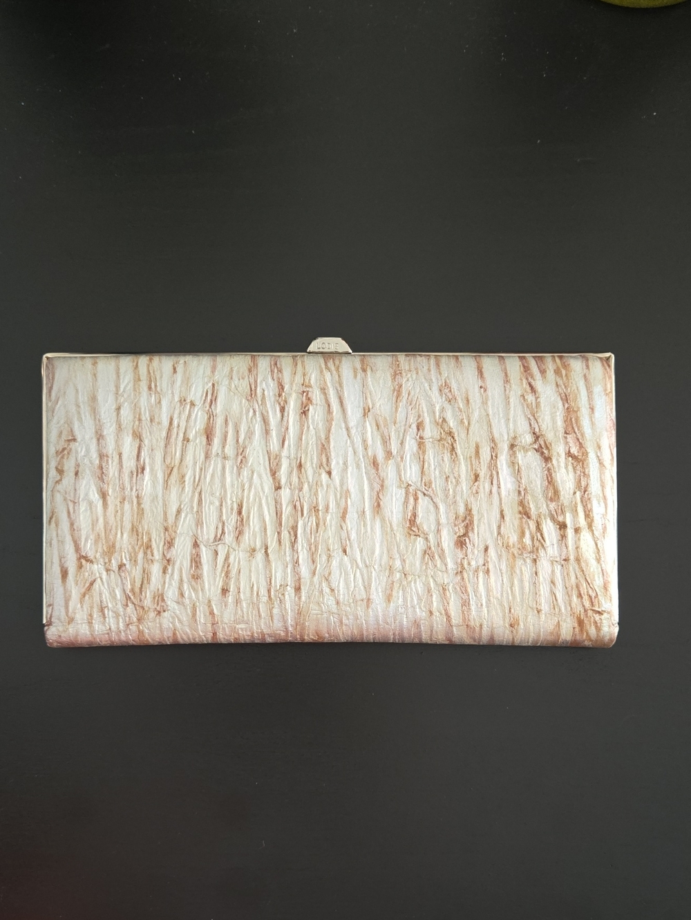 Lodis Framed Cream & Tan Textured Metallic Leather Clutch/Wallet EUC 8.5"x4.25"